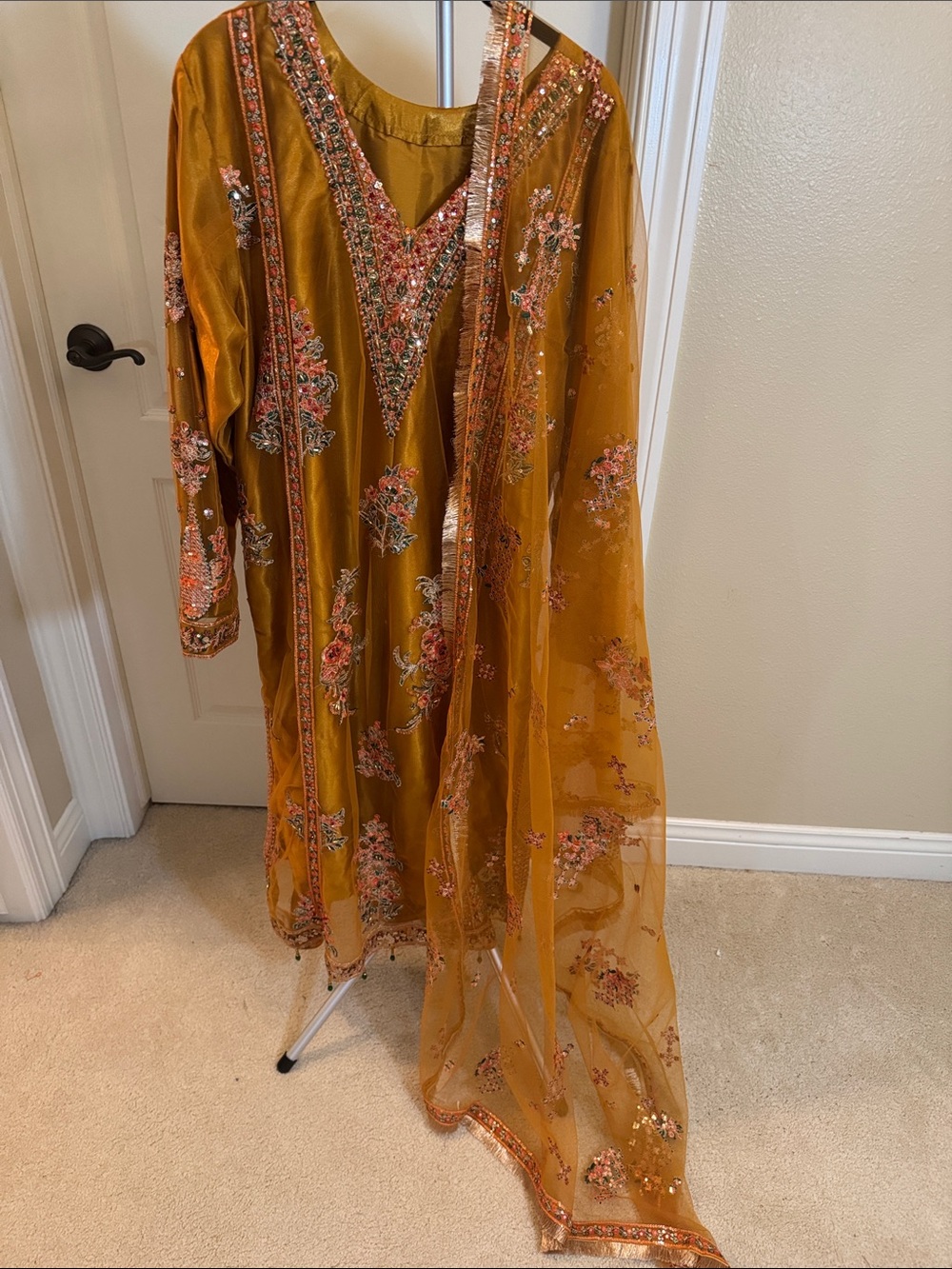 Hussain Rehar Embroidered Long Sleeve Dress in Mustard with Coral Accents